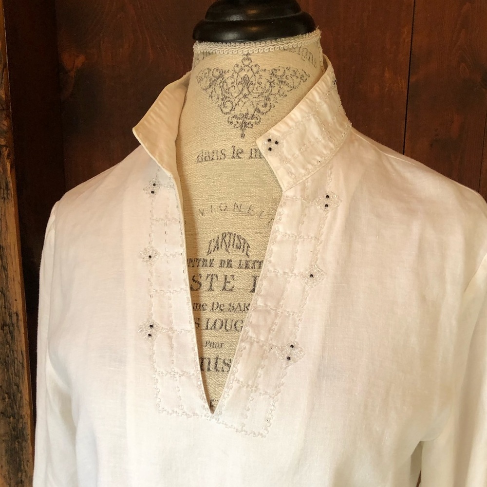 Elegant White Linen Beaded Tunic